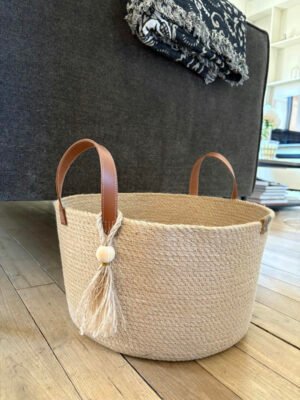 Panier de décoration à anses en cuir
