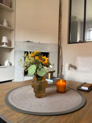 Centre de table en tresse de jute et ganse de coton kaki