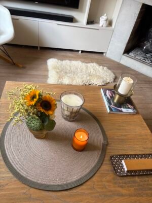 Centre de table en tresse de jute et ganse de coton kaki