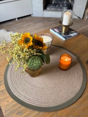 Centre de table en tresse de jute et ganse de coton kaki