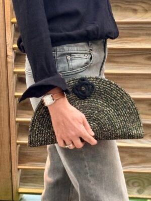 Pochette demi-lune en coton noir et lurex doré