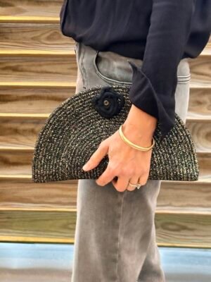 Pochette demi-lune en coton noir et lurex doré